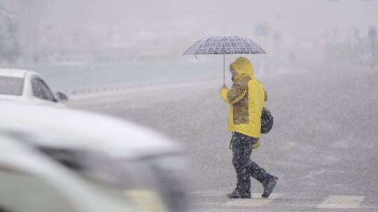 4k 下雪穿梭马路的夫妻背影