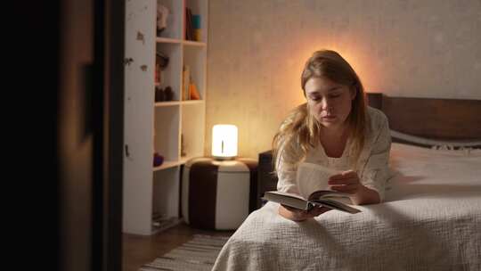 穿着睡衣在卧室看书的女人翻页，舒适昏暗的视频素材模板下载