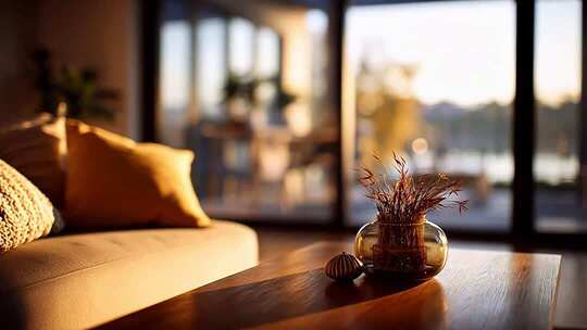 室内沙发茶几及窗边摆件场景