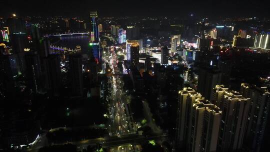 航拍广西南宁城市夜景地标建筑