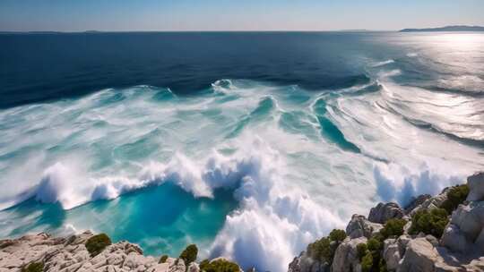 海边礁石处海浪景观