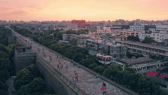 航拍西安城墙东南城角夕阳城市风光