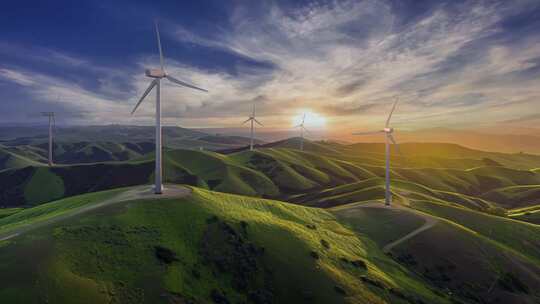 日出 风力发电 风车 新能源 清洁能源