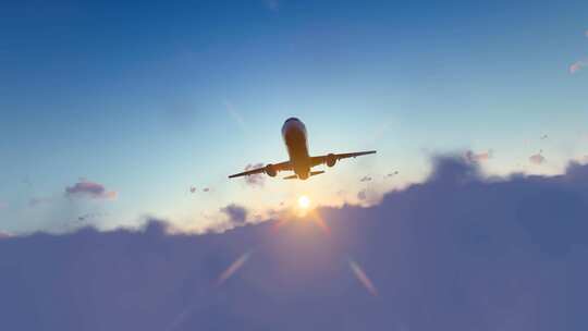 飞机穿越云层飞向远方