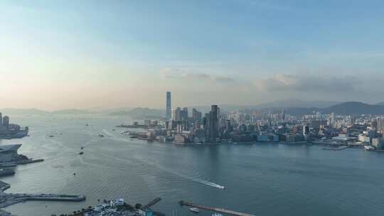 香港大景航拍维多利亚港太平山日落海湾风光