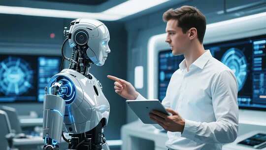 男子与机器人互动交流场景