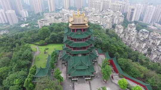 重庆鸿恩寺航拍鸿恩阁与嘉陵江两岸高楼大厦