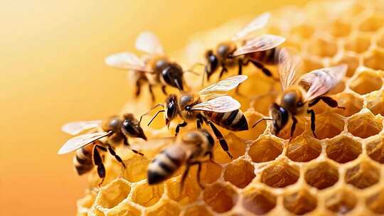 蜜蜂在蜂巢上活动特写