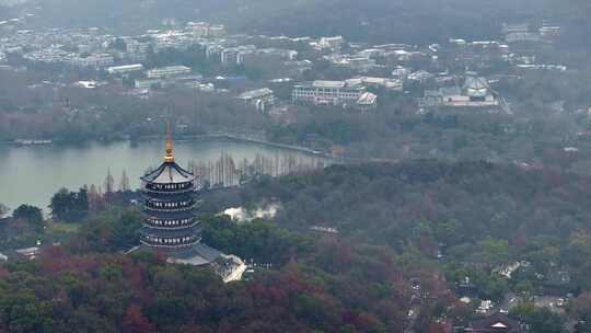 中国杭州西湖雷峰塔烟雨江南航拍