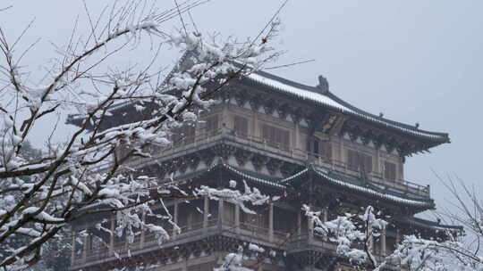 杭州径山寺雪中古建筑楼阁景观