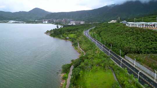 航拍广东旅游公路深圳坝光段早晨风光