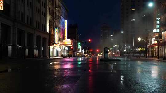 夜晚城市街道湿漉漉路面景象
