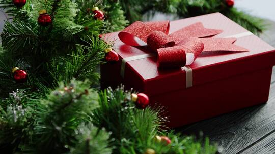 圣诞树旁边放着的红色礼物盒