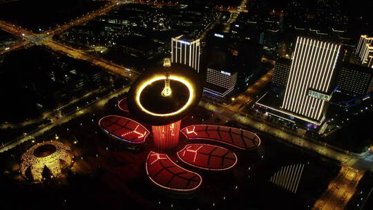 航拍武汉未来科技城马蹄莲夜景 侧转正俯拍