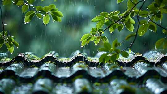 4K阴雨天屋顶瓦片春天树叶特写