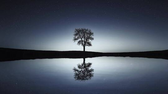 夜晚树在海面的倒影