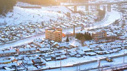 中国黑龙江冬季横道河子东北小镇雪乡航拍