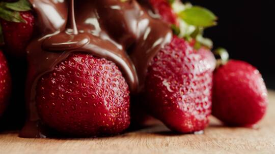 巧克力果酱倒在草莓上的画面特写