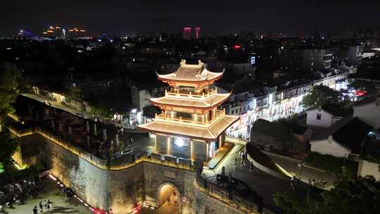 广东潮州古城下水门城楼夜景灯光航拍