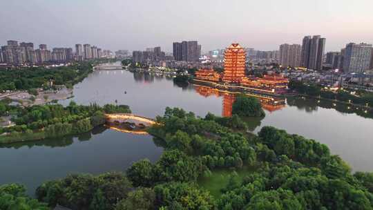 眉山远景楼和东坡城市湿地公园夜景航拍