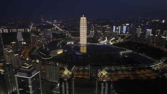 航拍郑东新区CBD城市天际线夜景风光