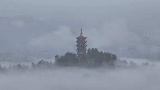 中国航拍贵州遵义凤凰山凤凰塔清晨云雾缭绕