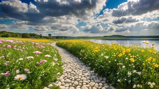 湖畔花海中的石子小路风景