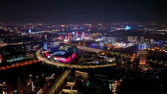 航拍扬州西区明月湖大桥夜景京华城商圈全景