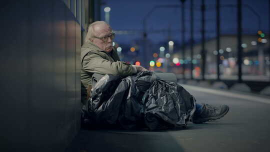 在火车站寻求帮助的贫困无家可归老人
