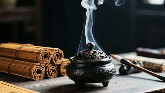 古风香炉与书籍的意境营造