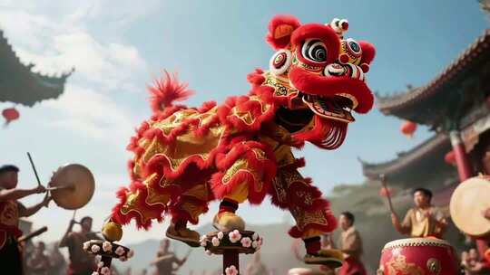 舞狮表演民俗活动画面