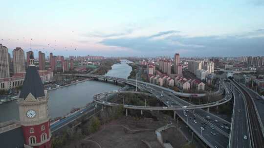 天津海河复兴门地铁站海津大桥城市交通风光