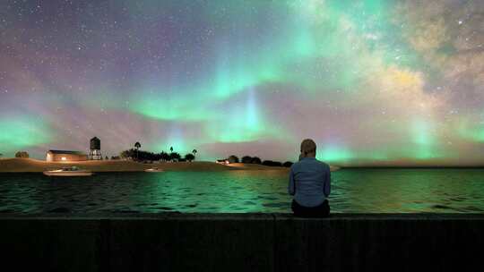 北极光在一个女人坐在海边3D动画