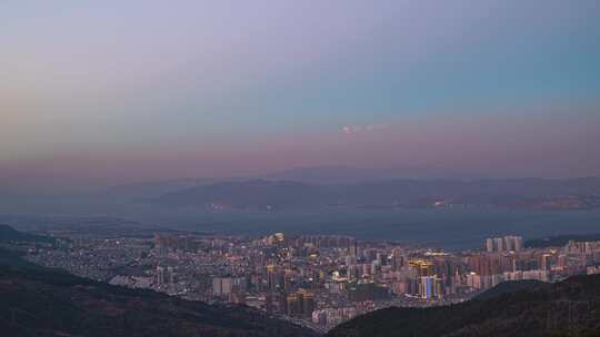 云南大理城市风光和洱海日落日转夜延时摄影
