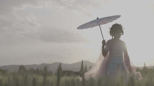 古风女子田野持伞背影