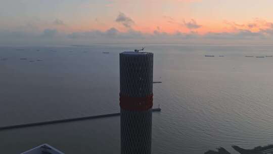 上海宝山长滩观光塔清晨蓝调航拍