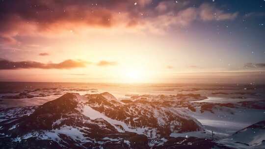 夕阳雪花背景下的雪山- 日落与雪天