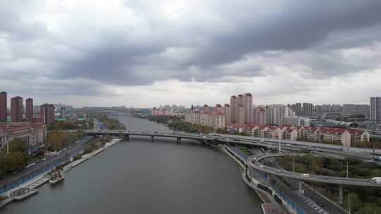 天津海河风景海津大桥城市交通风光航拍