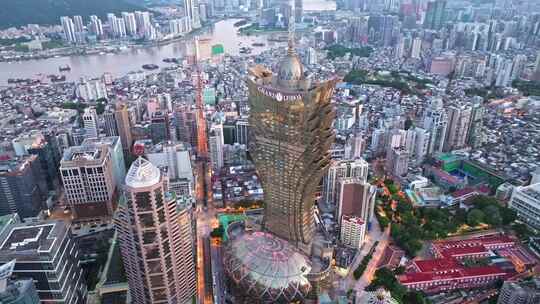 澳门半岛新葡京澳门塔CBD日出夜景高空航拍