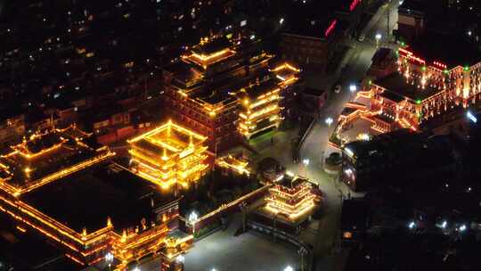 航拍四川甘孜色达五明佛学院灯火通明夜景