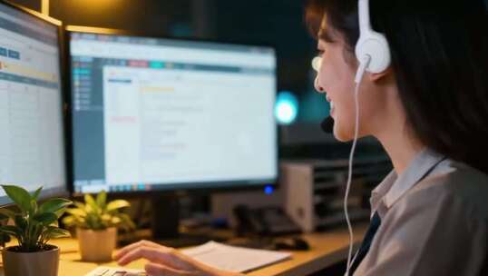 女性办公室戴耳机操作电脑