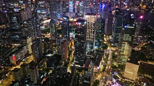 航拍上海陆家嘴高金融中心密集高楼群夜景