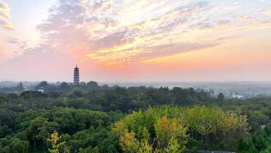 航拍扬州大明寺栖灵塔清晨朝阳云霞云雾云海视频素材模板下载