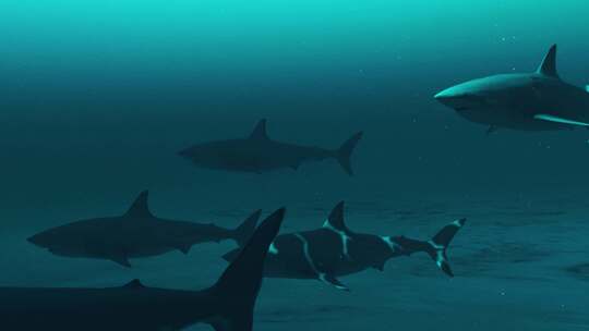 雄伟的大白鲨群在深蓝色海洋中迁徙。