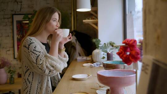 咖啡馆喝咖啡的女人视频素材模板下载