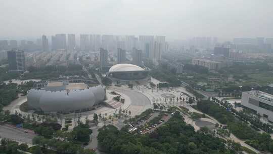 航拍山东菏泽牡丹广场菏泽大剧院