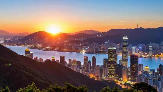 香港维多利亚港日落城市景观