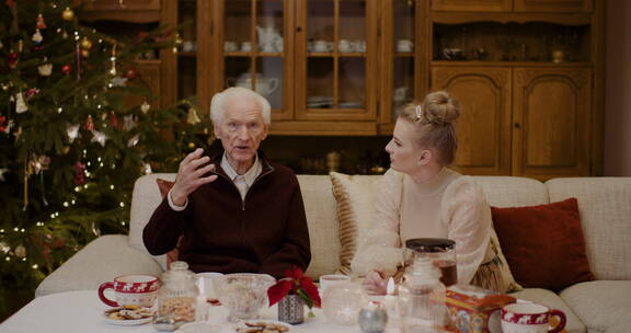 圣诞节女人和祖父在家里聊天
