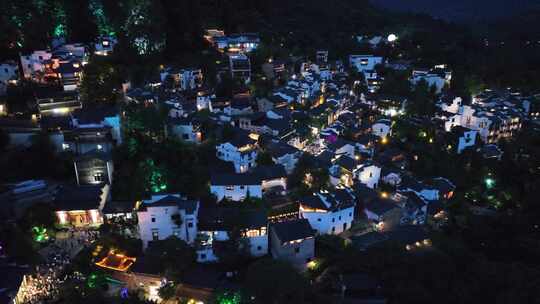 航拍篁岭徽派建筑古村庄夜景