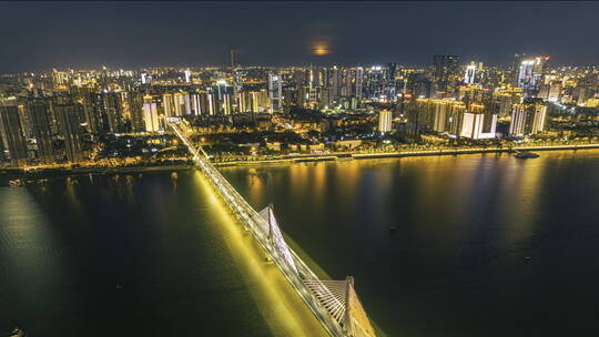 长沙湘江北大桥夜景航拍延时摄影